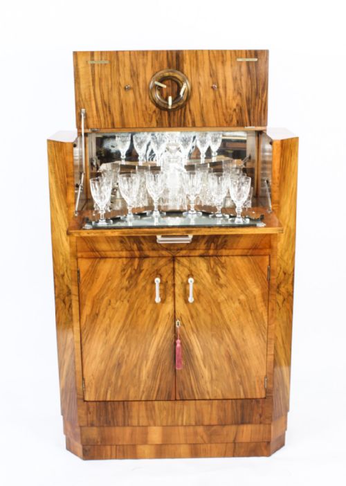 Antique Art Deco Burr Walnut Cocktail Cabinet Dry Bar & Glassware C.1920
