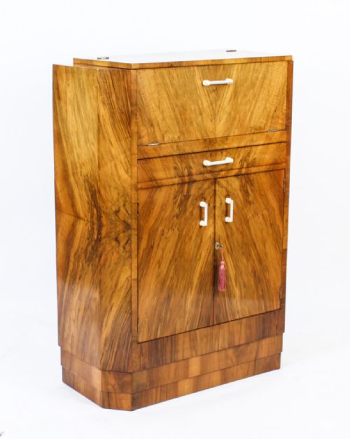 fig 1. Antique Art Deco Burr Walnut Cocktail Cabinet Dry Bar & Glassware c.1920