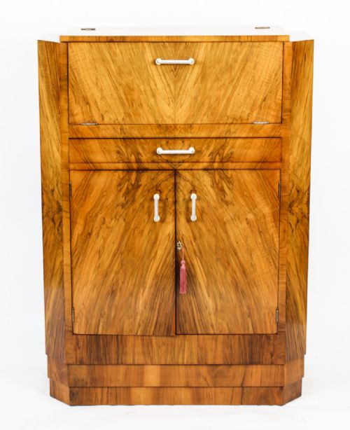 fig 2. Antique Art Deco Burr Walnut Cocktail Cabinet Dry Bar & Glassware c.1920