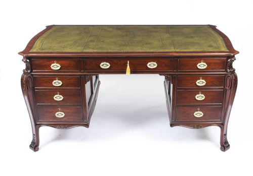 fig 1. Antique 5x3ft Georgian Revival Mahogany Partners Pedestal Desk 19th C