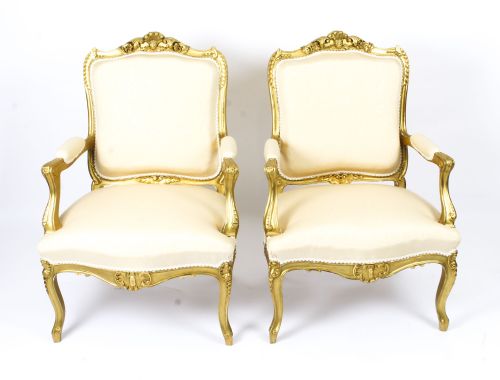 Antique Pair French Louis Revival Giltwood Piece Salon Armchairs 19th Century
