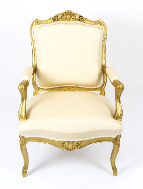 fig 1. Antique Pair French Louis Revival Giltwood Piece Salon Armchairs 19th Century