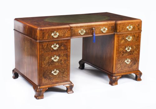 Antique Victorian Revival Burr Walnut Pedestal Desk 20th C
