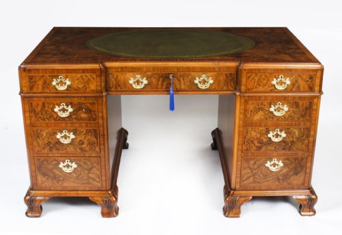 fig 1. Antique Victorian Revival Burr Walnut Pedestal Desk 20th C