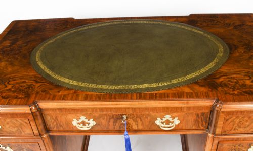 fig 2. Antique Victorian Revival Burr Walnut Pedestal Desk 20th C