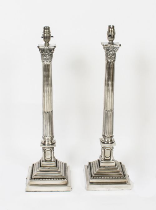 Antique Pair 2ft Silver Plated Corinthian Column Table Lamps C1910
