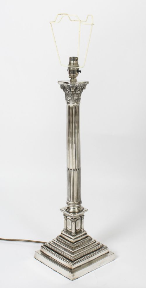 fig 1. Antique Pair 2ft Silver Plated Corinthian Column Table Lamps C1910