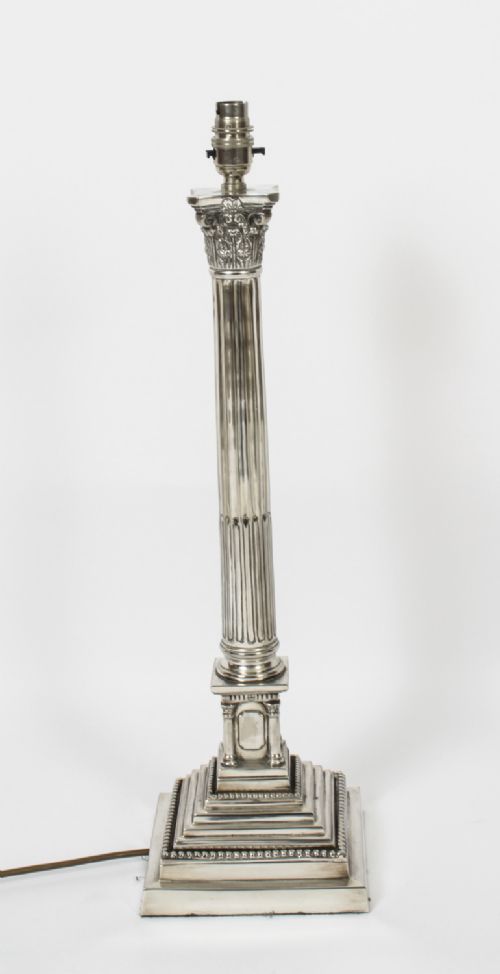 fig 2. Antique Pair 2ft Silver Plated Corinthian Column Table Lamps C1910