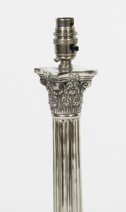 fig 3. Antique Pair 2ft Silver Plated Corinthian Column Table Lamps C1910