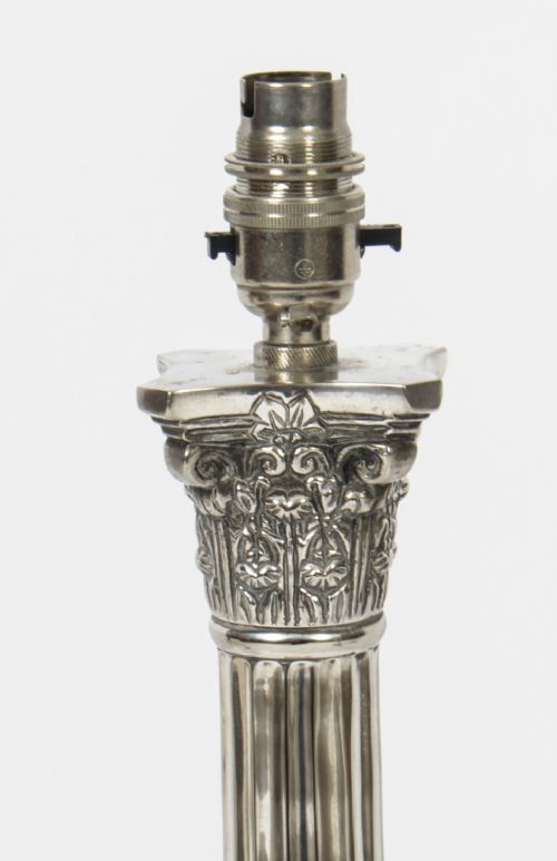 fig 4. Antique Pair 2ft Silver Plated Corinthian Column Table Lamps C1910