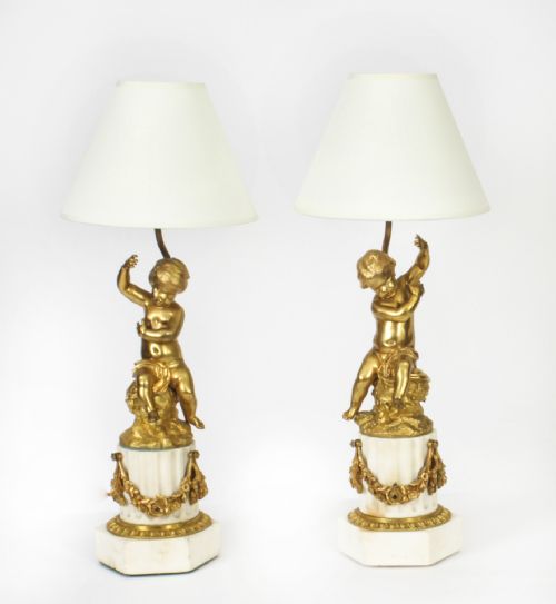 Antique Pair French Ormolu Cherub Candelabra Table Lamps 20th C
