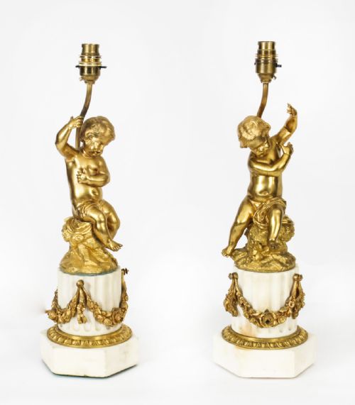 fig 1. Antique Pair French Ormolu Cherub Candelabra Table Lamps 20th C
