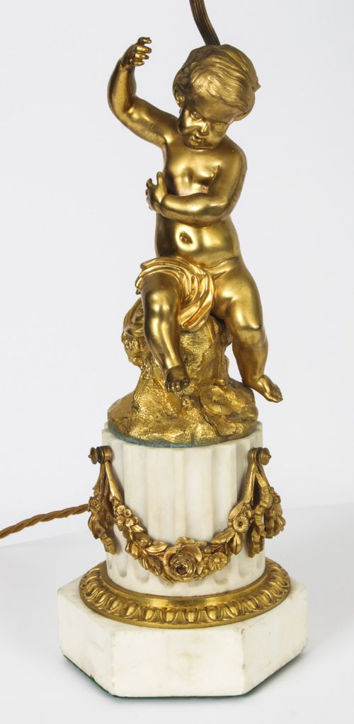 fig 2. Antique Pair French Ormolu Cherub Candelabra Table Lamps 20th C
