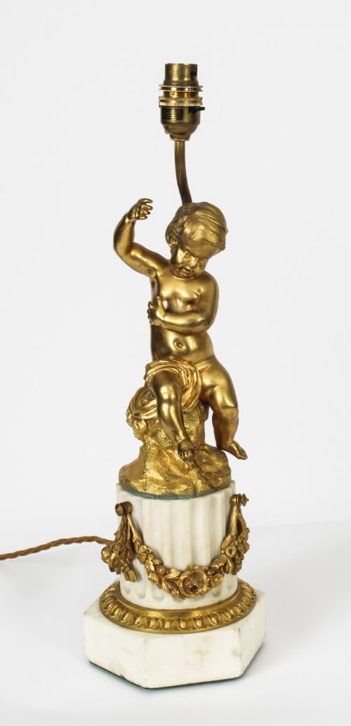 fig 3. Antique Pair French Ormolu Cherub Candelabra Table Lamps 20th C
