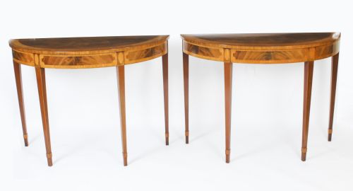 Antique Pair Fruitwood Inlaid Console Tables 20th C
