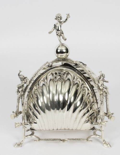 Antique Silver Plate Triple Shell Shaped Sweets Biscuit Box C.1890 19th C

