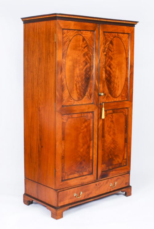 Antique English Inalaid & Crossbanded Satinwood Wardrobe 19th Century
