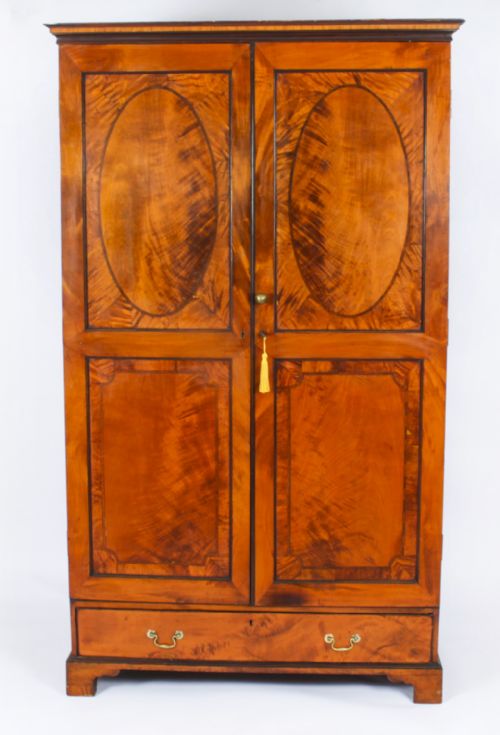 fig 1. Antique English Inalaid & Crossbanded Satinwood Wardrobe 19th Century
