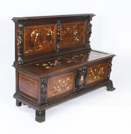 Antique Italian Lombardy Marquetry Hall Bench Settle Late 18th Century
