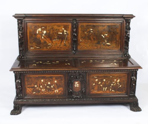 fig 1. Antique Italian Lombardy Marquetry Hall Bench Settle late 18th Century