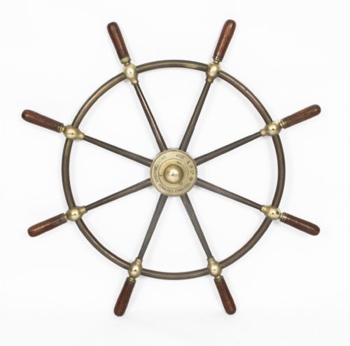Antique 8-Spoke Brass & Walnut Ships Wheel Brown Bros Edinburgh Circa 1900
