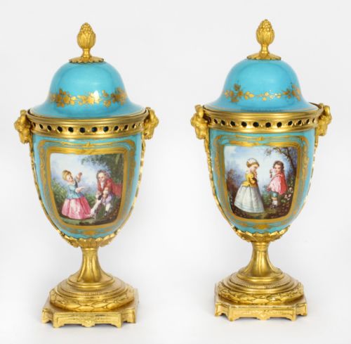 Antique Pair Bleu Celeste Sevres Porcelain Lidded Pot Pourri Vases 19th C
