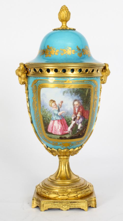 fig 1. Antique Pair Bleu Celeste Sevres Porcelain Lidded Pot Pourri Vases 19th C
