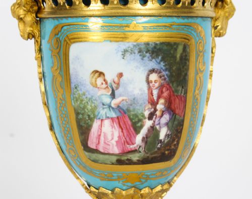fig 2. Antique Pair Bleu Celeste Sevres Porcelain Lidded Pot Pourri Vases 19th C
