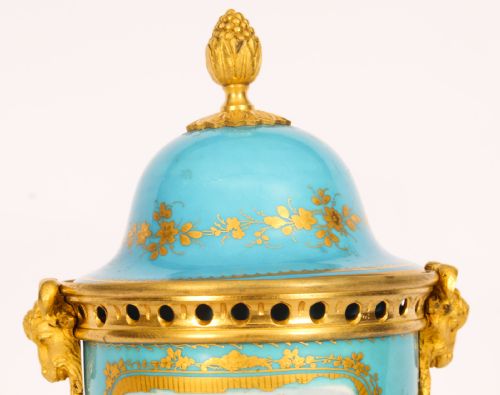 fig 3. Antique Pair Bleu Celeste Sevres Porcelain Lidded Pot Pourri Vases 19th C
