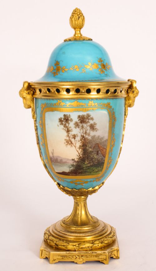 fig 4. Antique Pair Bleu Celeste Sevres Porcelain Lidded Pot Pourri Vases 19th C
