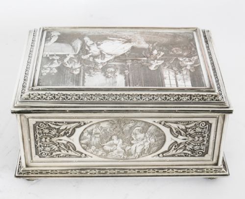 ANTIQUE FRENCH SILVERED COPPER JEWELLERY CASKET BOX B WICKER 19TH C - ADDITIONAL PHOTO 13