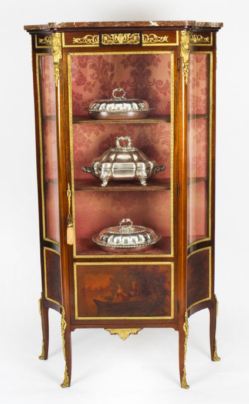 fig 2. A 19th-century French Vernis Martin glass display cabinet with painted lower panels, gilt-bronze mounts, cabriole legs, and a shaped marble top.