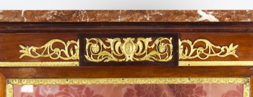 fig 5. A 19th-century French Vernis Martin glass display cabinet with painted lower panels, gilt-bronze mounts, cabriole legs, and a shaped marble top.