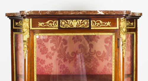 fig 6. A 19th-century French Vernis Martin glass display cabinet with painted lower panels, gilt-bronze mounts, cabriole legs, and a shaped marble top.