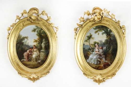 Antique French Pair Oval Romantic Paintings Circa 1780 18th C
