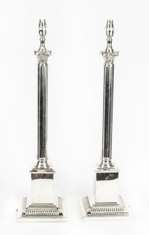 Pair Antique Edwardian Silver Plated Corinthian Column Table Lamps C1910
