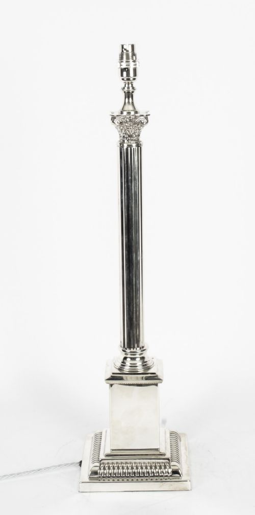 fig 1. Pair Antique Edwardian Silver Plated Corinthian Column Table Lamps C1910
