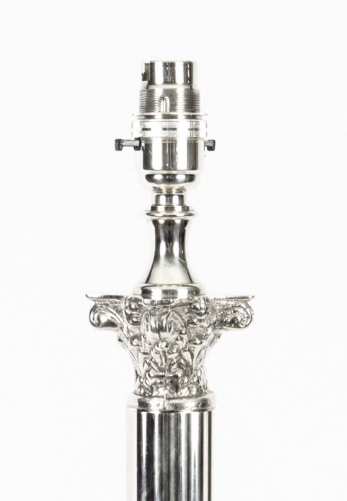 fig 3. Pair Antique Edwardian Silver Plated Corinthian Column Table Lamps C1910
