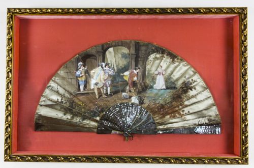 Antique French Framed Mother Pearl Hand-painted Fan Late 18th Century
