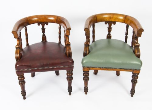Antique Victorian Pair Mahogany Library Armchairs C.1860 19th C
