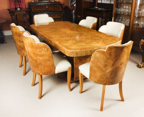 Antique Art Deco Burr Walnut Dining Table & 6 Cloud Back Chairs C1920
