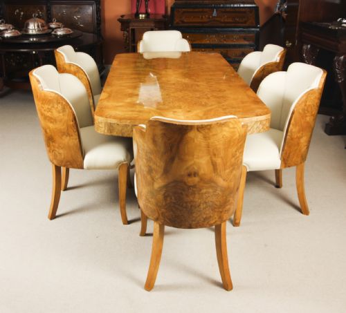 fig 1. Antique Art Deco Burr Walnut Dining Table & 6 Cloud Back Chairs C1920
