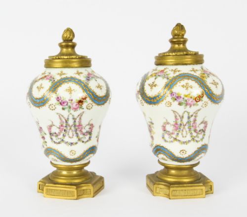Antique Pair French Ormolu Mounted Sevres Lidded Vases Mid 19th C
