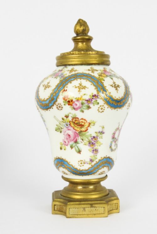 fig 1. Antique Pair French Ormolu Mounted Sevres Lidded Vases Mid 19th C

