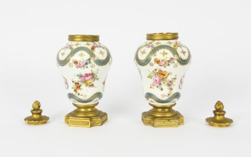 fig 2. Antique Pair French Ormolu Mounted Sevres Lidded Vases Mid 19th C
