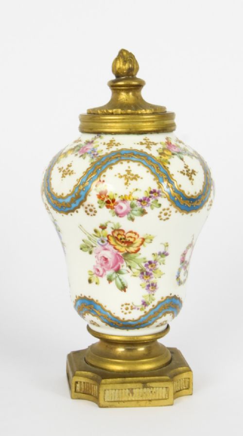 fig 4. Antique Pair French Ormolu Mounted Sevres Lidded Vases Mid 19th C
