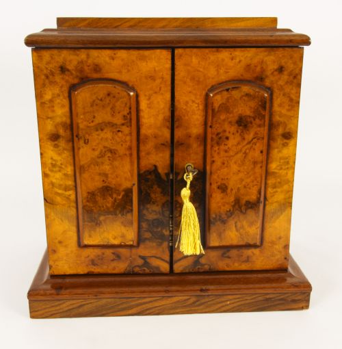 fig 3. Antique Victorian Burr Walnut Table Top Jewellery Collectors Cabinet C1880