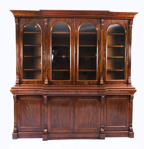 Antique English Flame Mahogany Library Breakfront Bookcase 19th C

