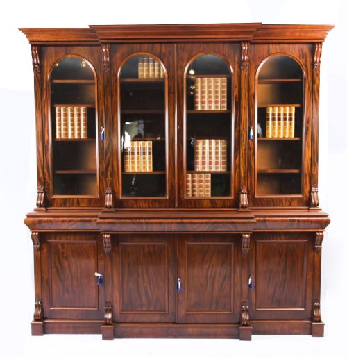 fig 1. Antique English Flame Mahogany Library Breakfront Bookcase 19th C
