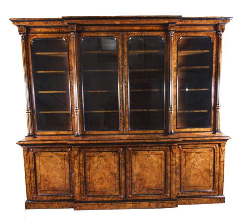 Antique Victorian 10ft Four Door Burr Walnut Library Bookcase 19th Century

